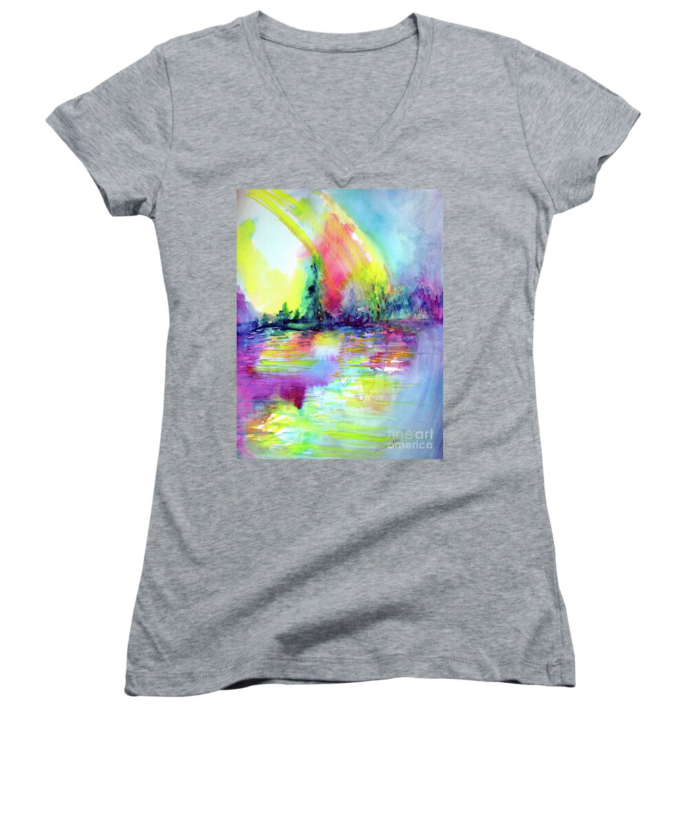 Rainbow Women's V-Neck featuring the painting Over the Rainbow by Allison Ashton