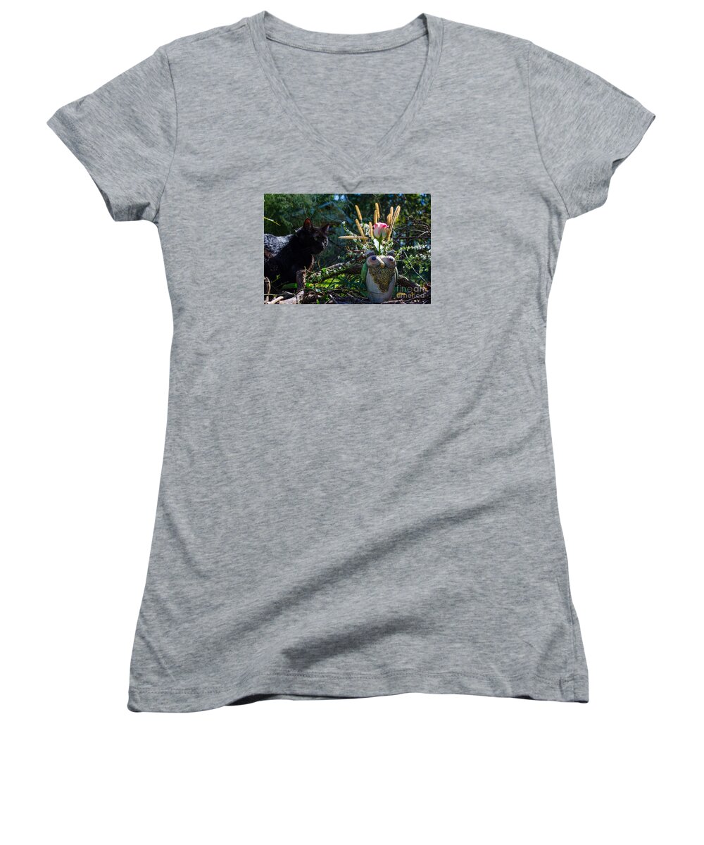 Animal Women's V-Neck featuring the photograph Owl And Cat by Donna Brown