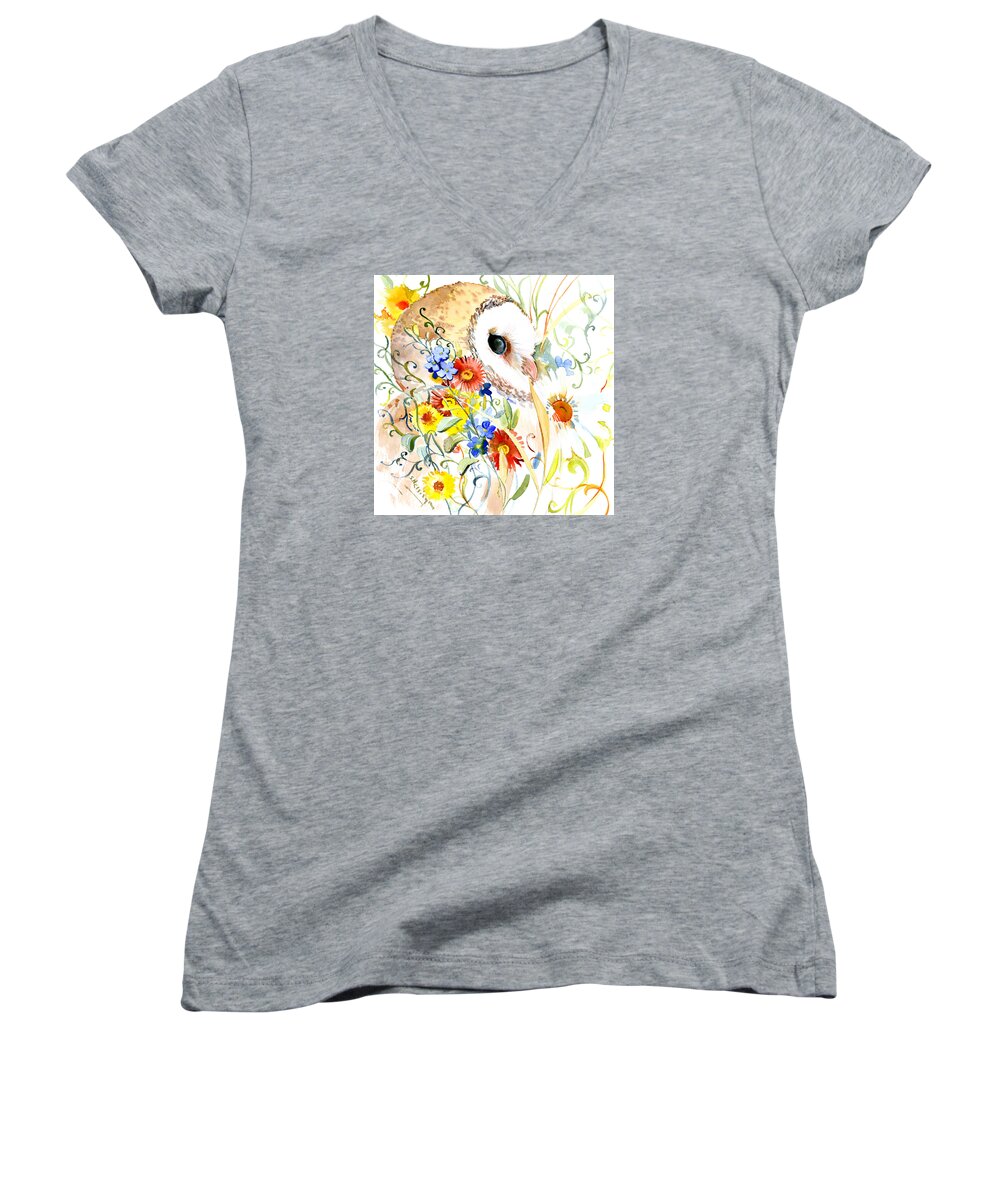 Owl Owl Art Women's V-Neck featuring the painting Owl And Flowers by Suren Nersisyan