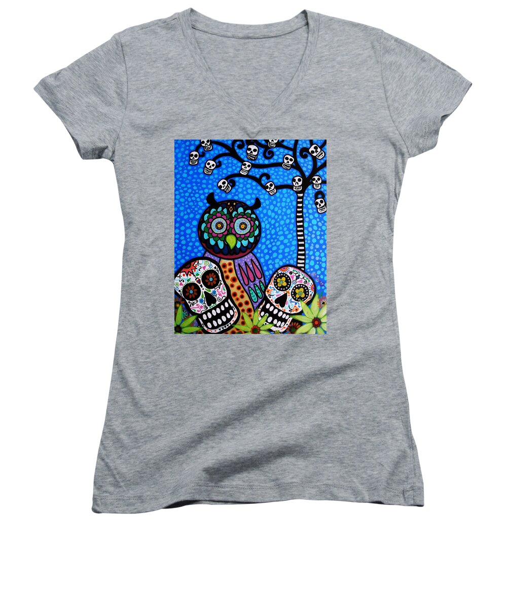 Flower Women's V-Neck featuring the painting Owl And Sugar Day Of The Dead by Pristine Cartera Turkus