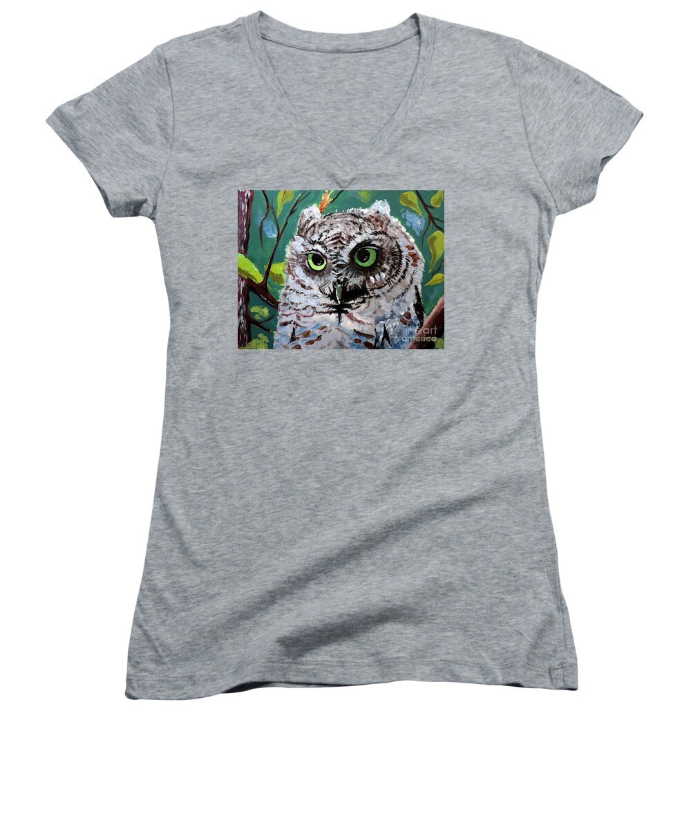 Baby Owl Women's V-Neck featuring the painting Owl Be Seeing You by Tom Riggs
