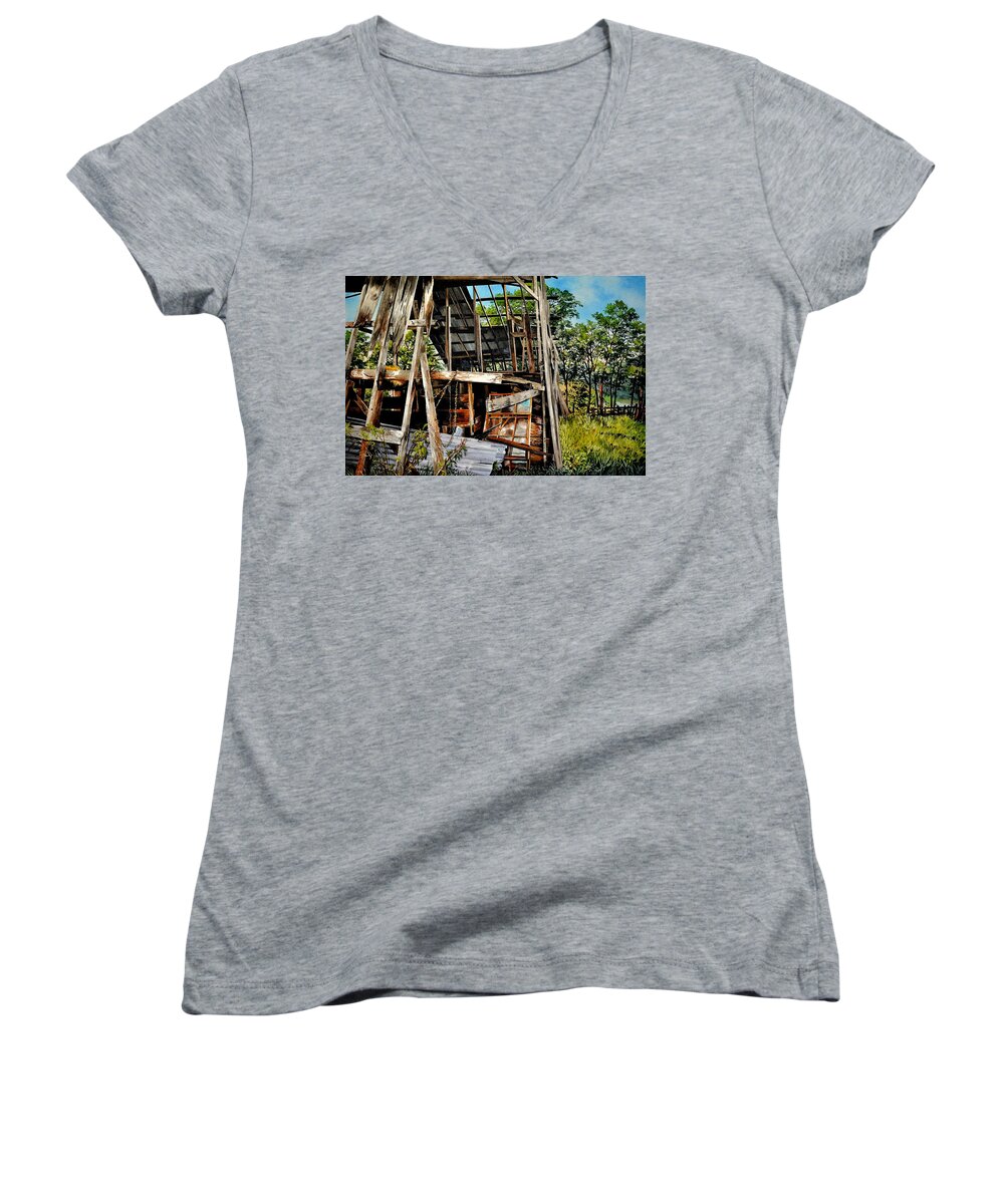 Landscape Women's V-Neck featuring the painting Ozark Barn by Robert W Cook