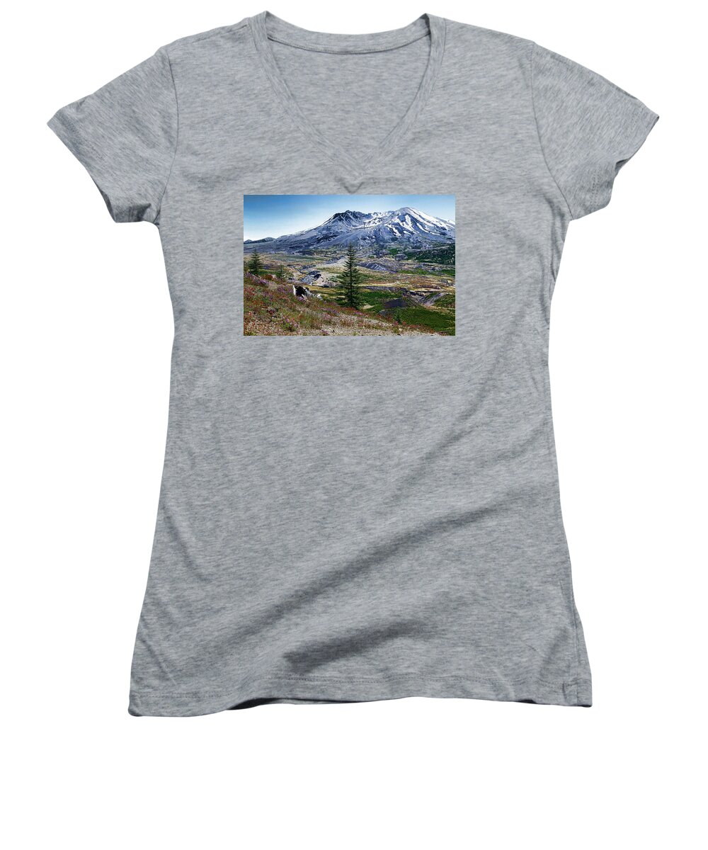 Mount St. Helens Women's V-Neck featuring the photograph Paint Brush Mt St Helens by Athena Mckinzie