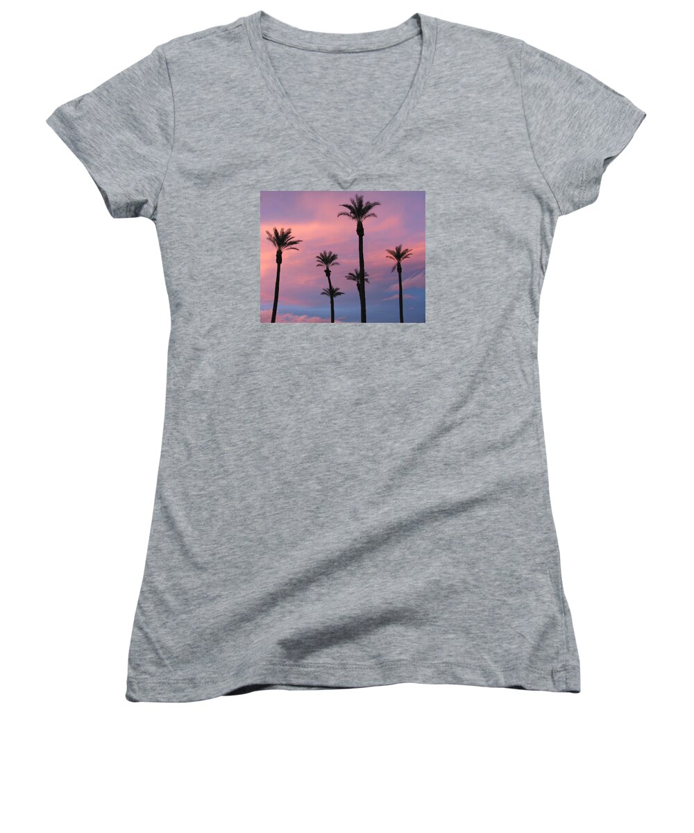 6 Palm Trees Women's V-Neck featuring the photograph Palms at Sunset by Phyllis Kaltenbach