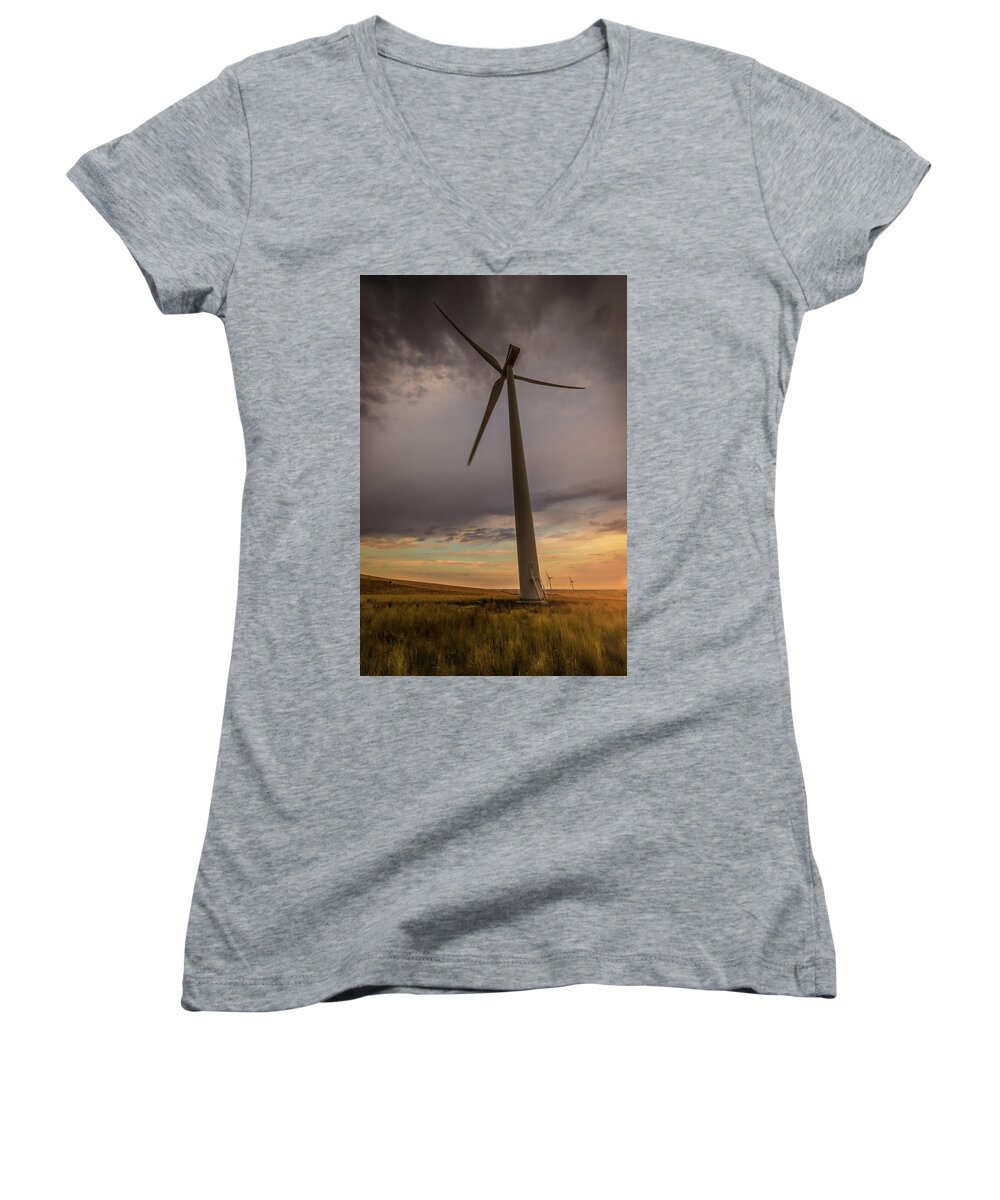 Windmill Women's V-Neck featuring the photograph Palouse Windmill at Sunrise by Chris McKenna