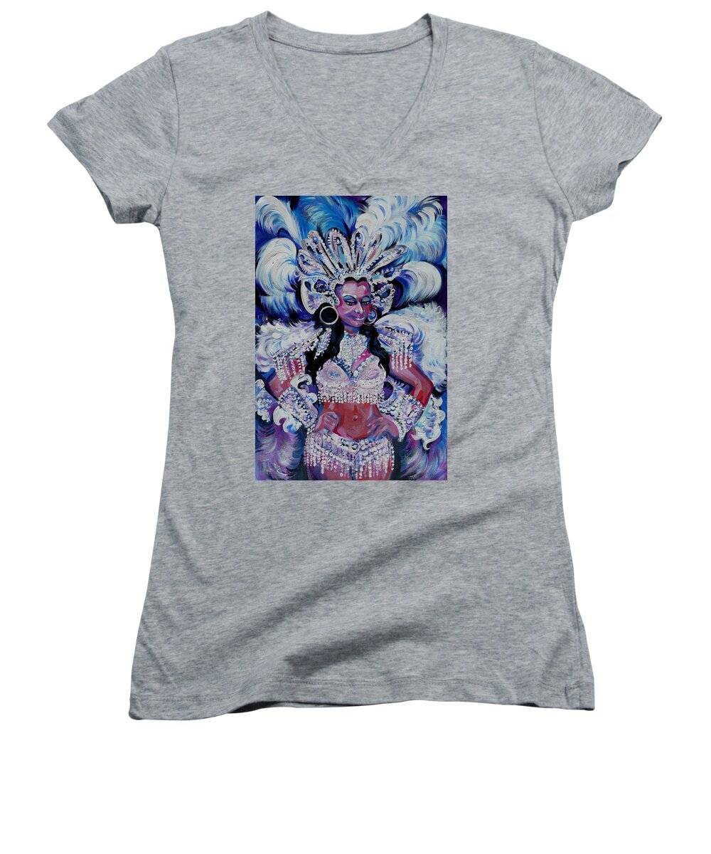 Acrylic Women's V-Neck featuring the painting Panama Carnival. Queen by Anna Duyunova