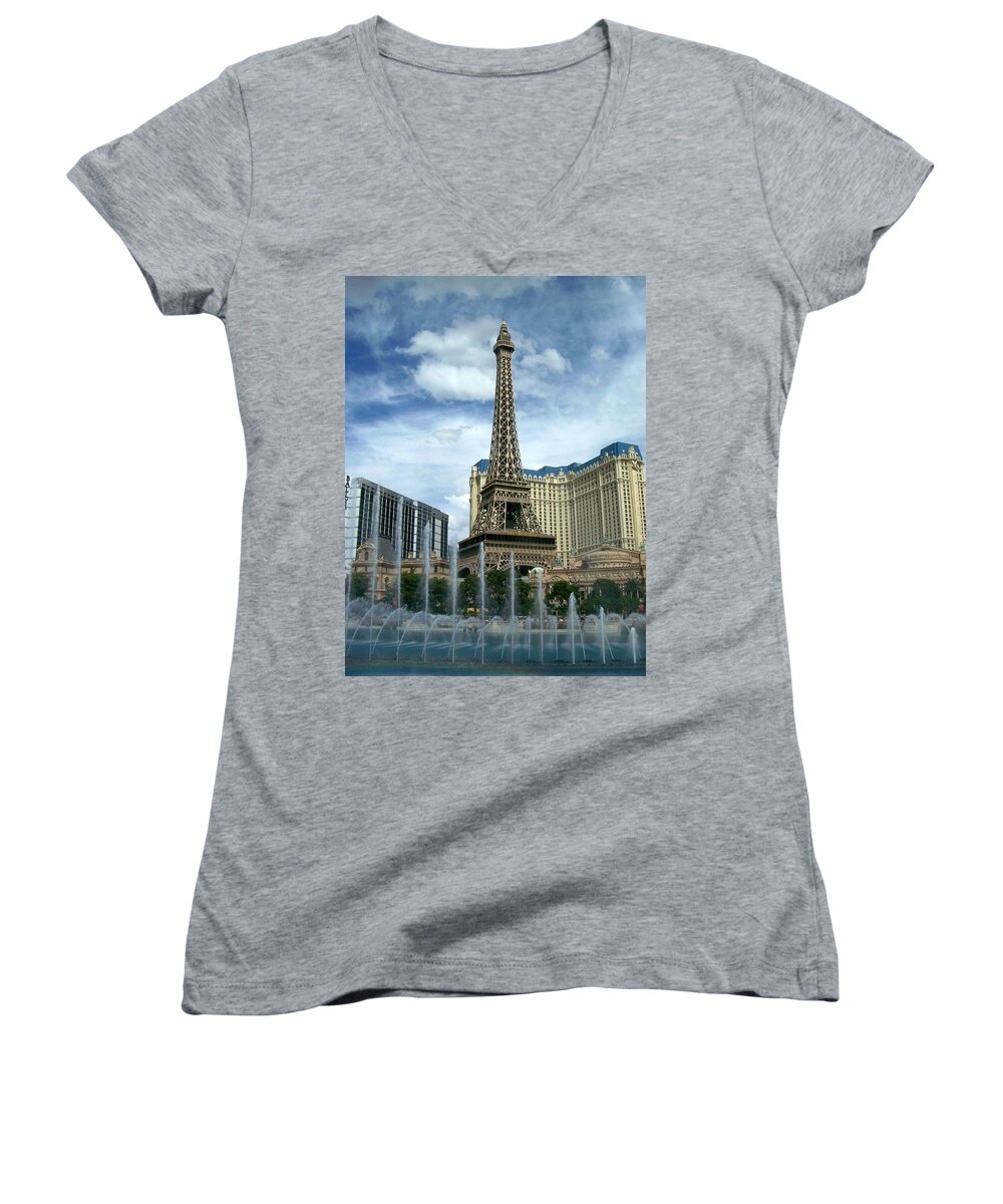Pars Hotel Women's V-Neck featuring the photograph Paris Hotel and Bellagio Fountains by Anita Burgermeister