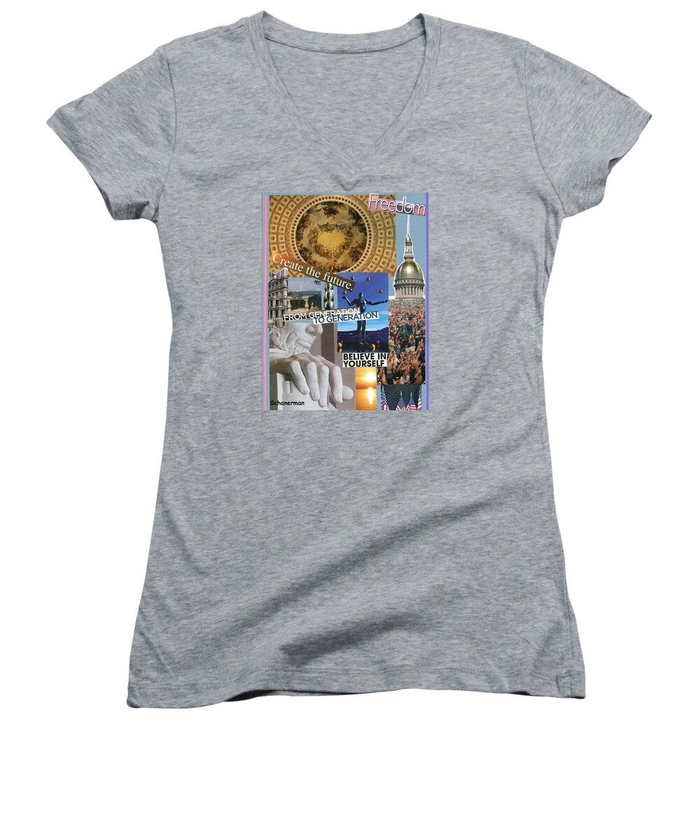 Collage Art Women's V-Neck featuring the mixed media Past Present Future by Susan Schanerman