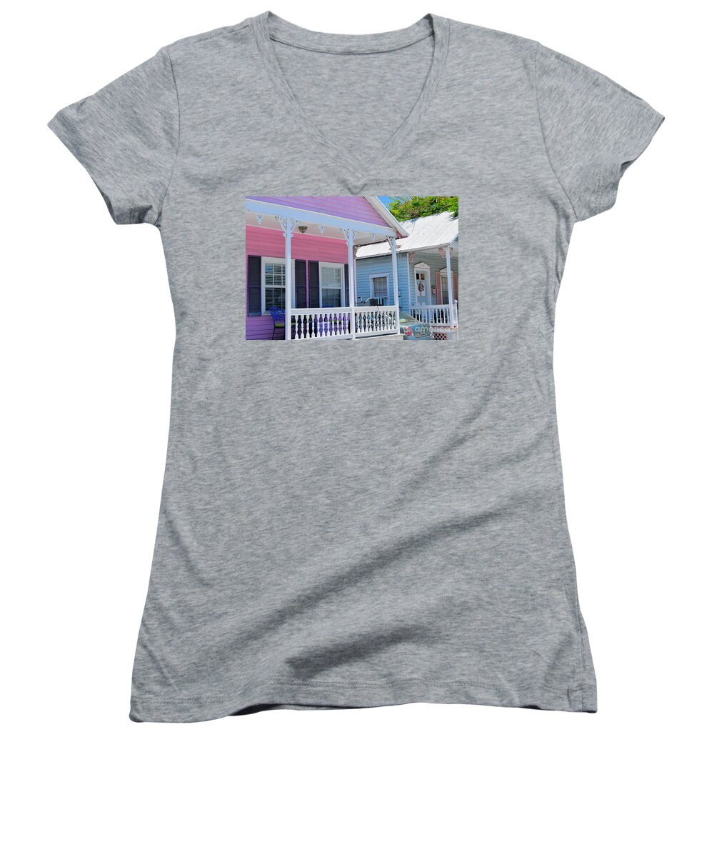 Pastel Women's V-Neck featuring the photograph Pastel Row in Key West Florida by Janette Boyd