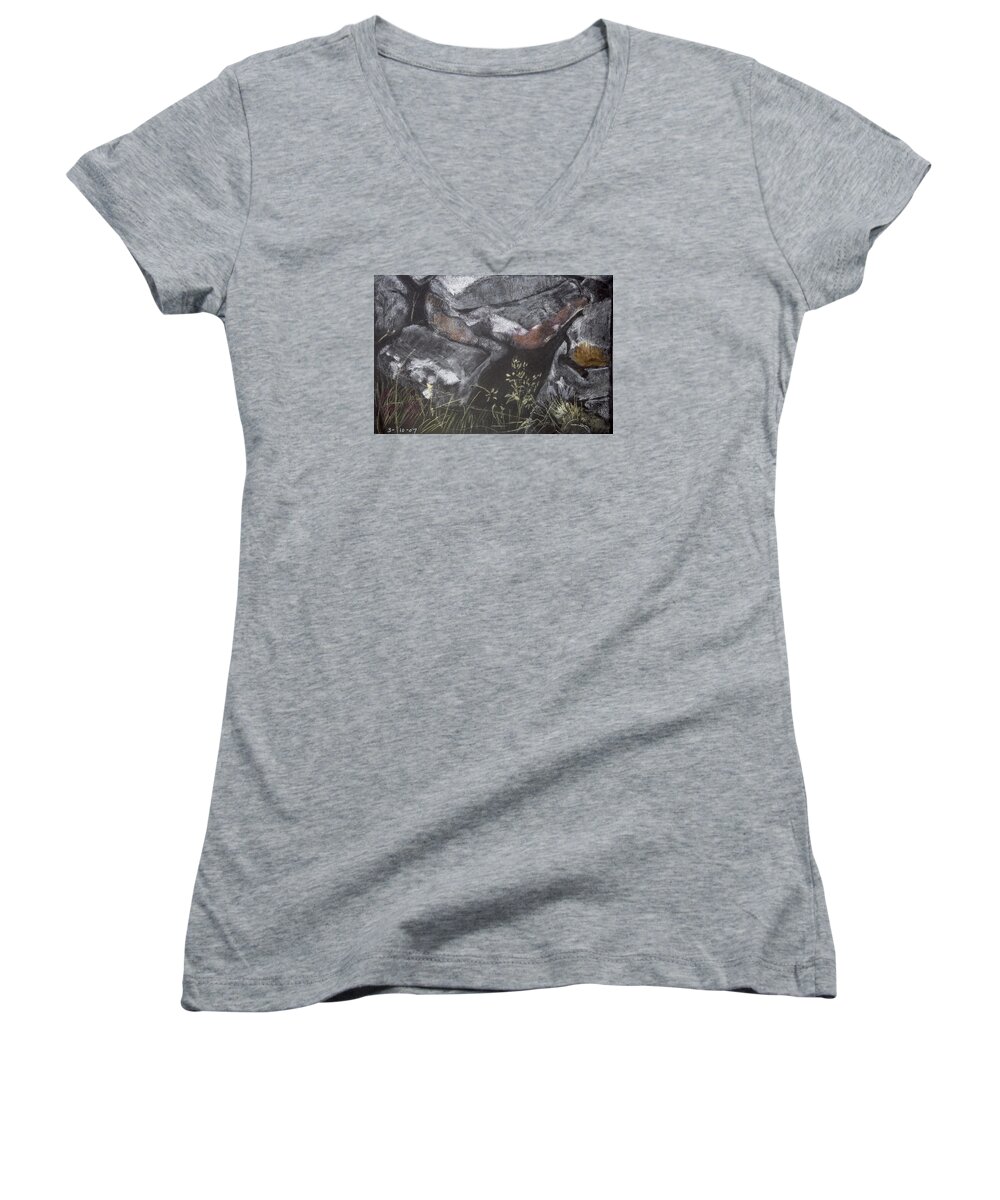  Women's V-Neck featuring the painting Pastel Stones and Plants on Black by Kathleen Barnes