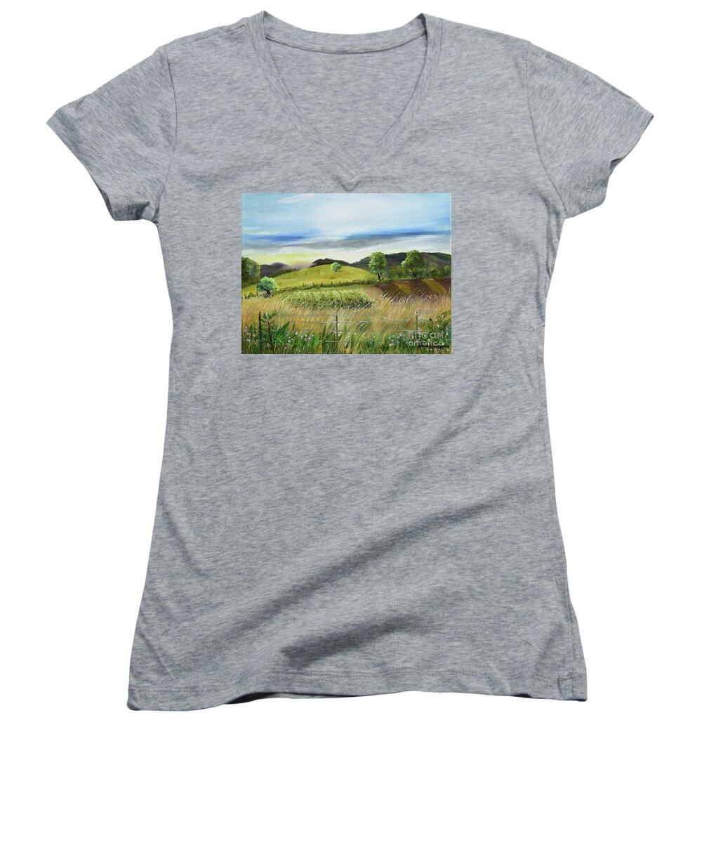 Chateau Meichtry Vineyard Women's V-Neck featuring the painting Pasture Love at Chateau Meichtry - Ellijay GA by Jan Dappen