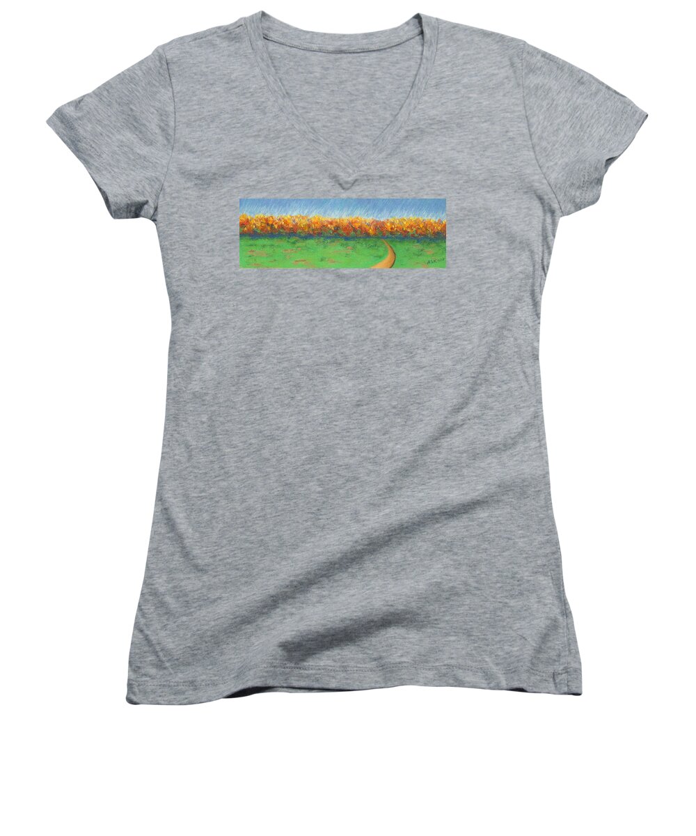 Kripalu Women's V-Neck featuring the pastel Path to Autumn Trees by Anne Katzeff