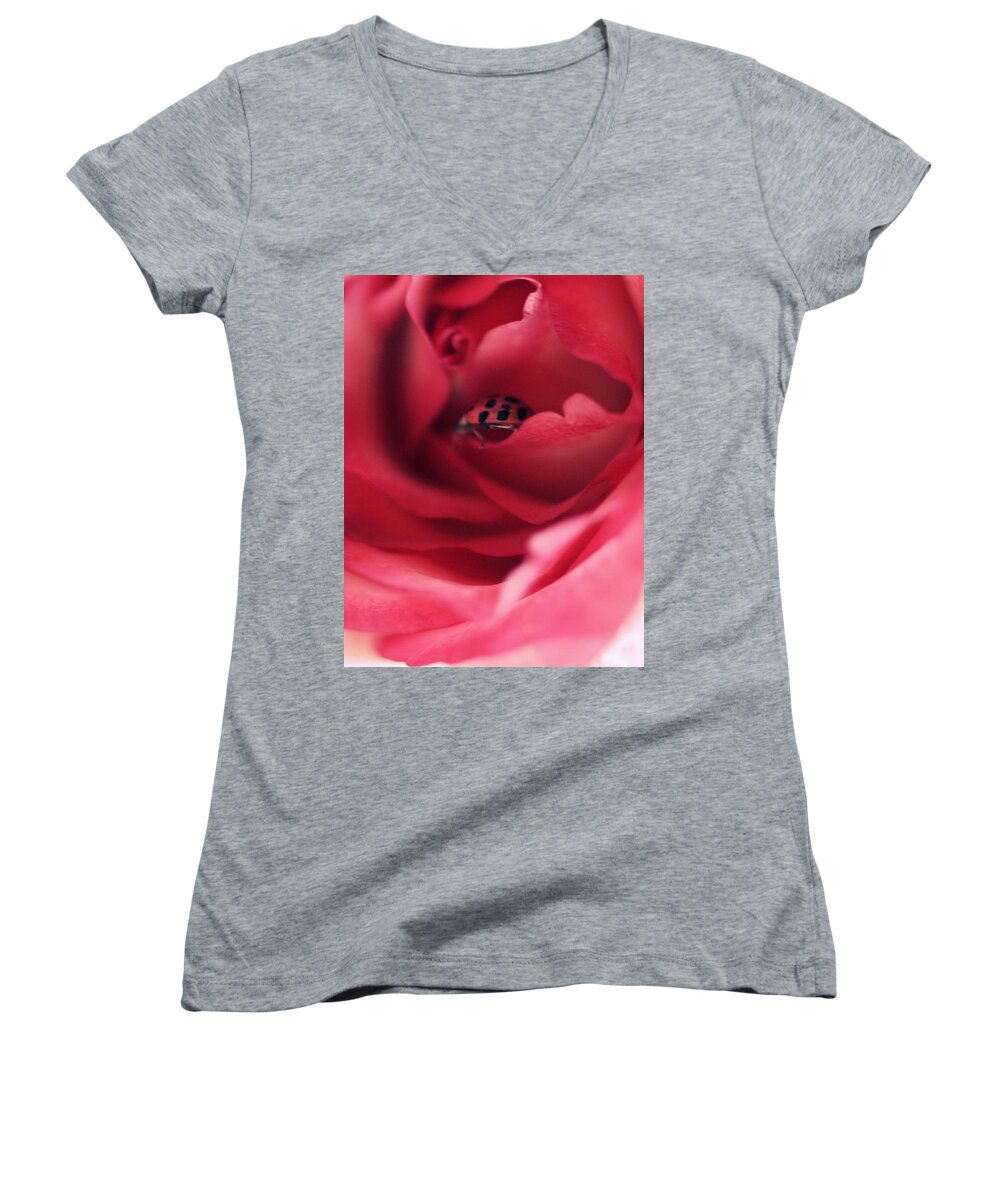 Red Rose Women's V-Neck featuring the photograph Patient Lady by The Art Of Marilyn Ridoutt-Greene