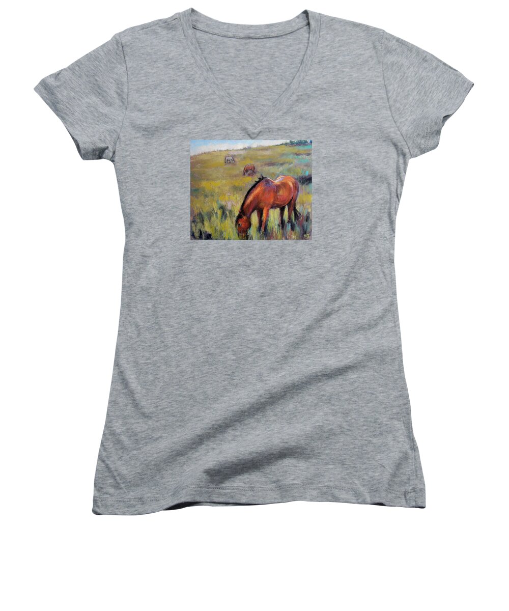 Equine Women's V-Neck featuring the pastel Peace on the Mountain by Susan Jenkins
