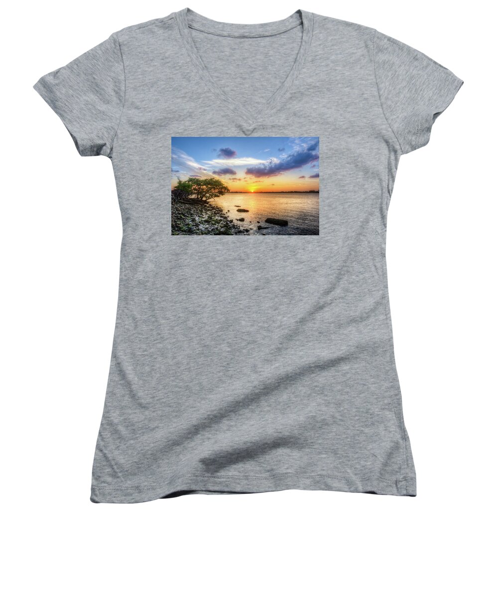 Clouds Women's V-Neck featuring the photograph Peaceful Evening on the Waterway by Debra and Dave Vanderlaan