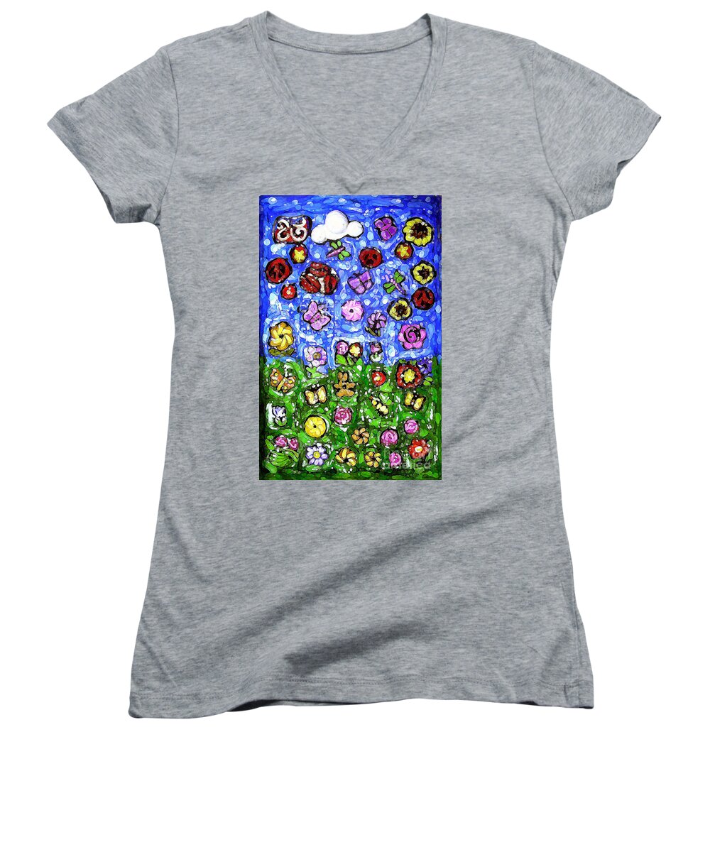 Flowers Women's V-Neck featuring the mixed media Peaceful Glowing Garden by Genevieve Esson
