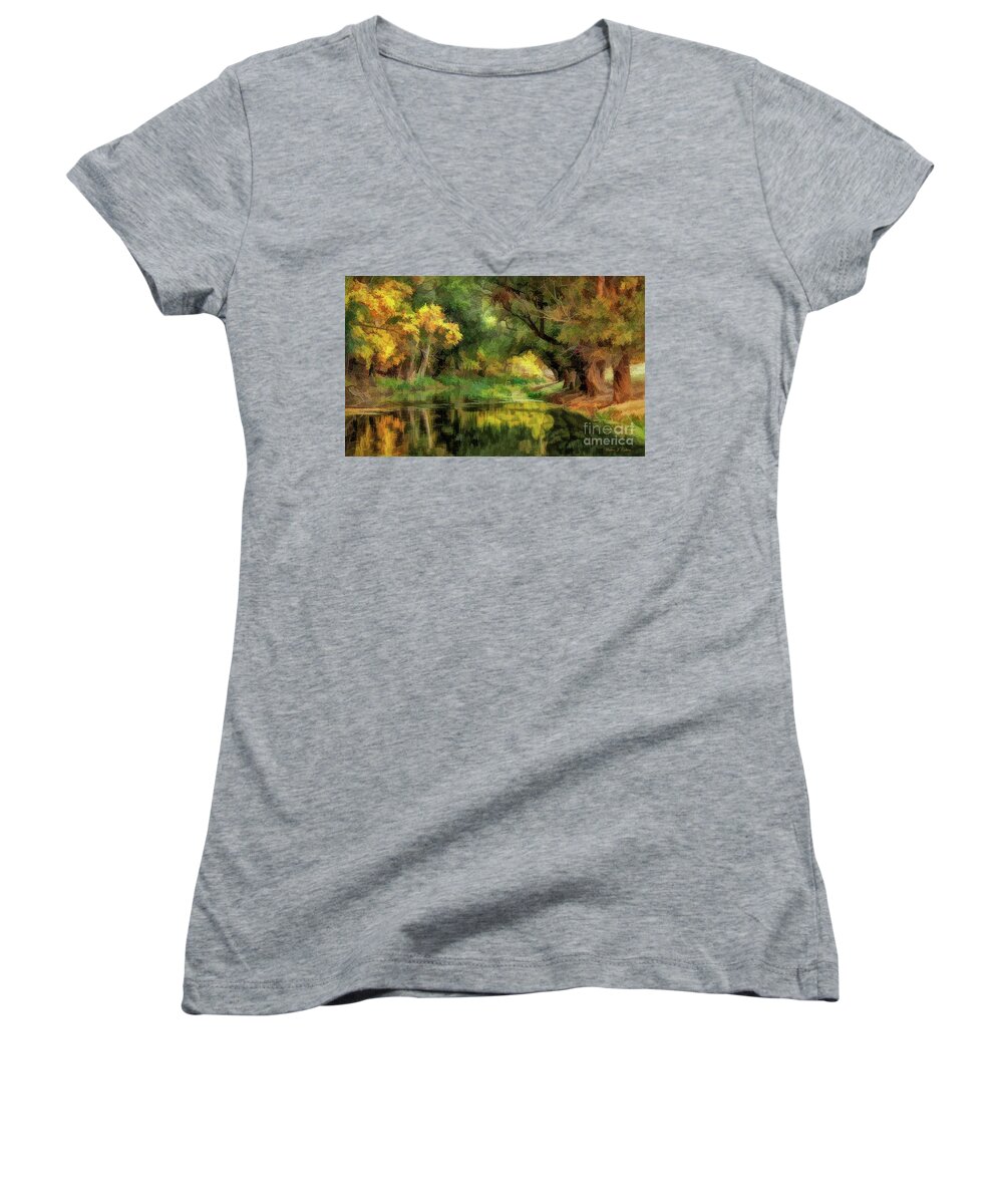 Pond Women's V-Neck featuring the digital art Peaceful Pond in the Trees by Walter Colvin