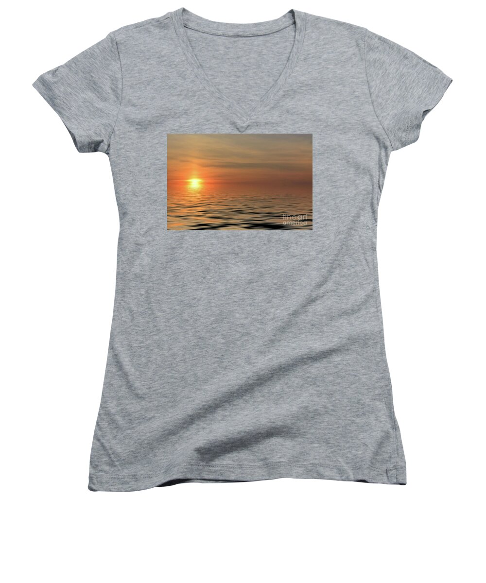 Scenic Women's V-Neck featuring the photograph Peaceful Sunrise by Kathy Baccari