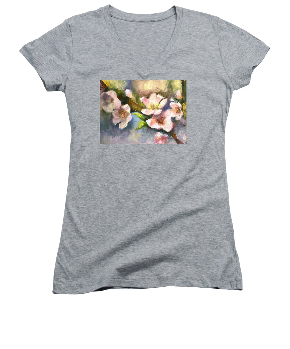 Peach Blossoms Women's V-Neck featuring the painting Peach Blossoms by Melissa Herrin