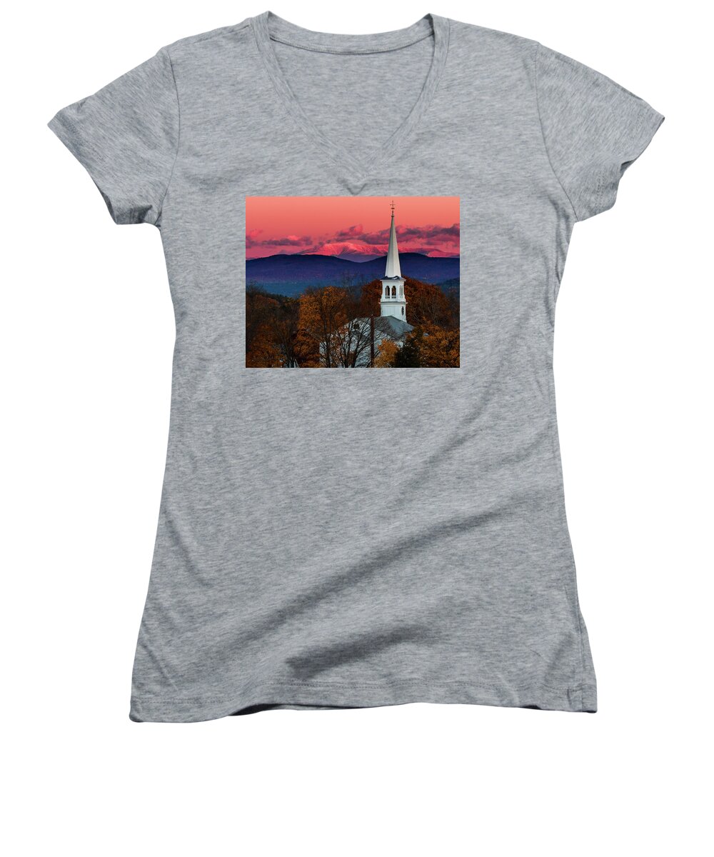 Vermont Women's V-Neck featuring the photograph Peacham and White Mtn Sunset by Tim Kirchoff