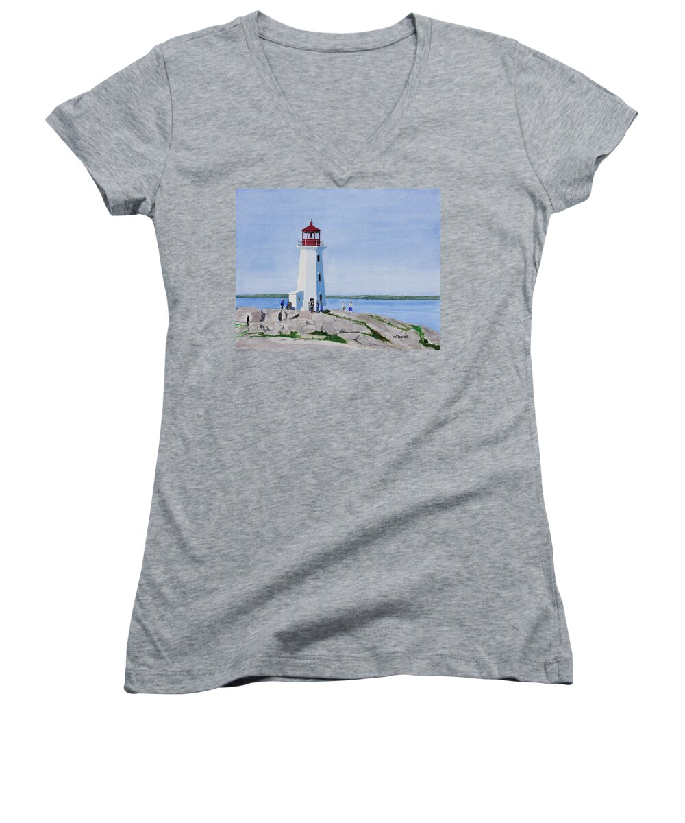 Peggy's Point Women's V-Neck featuring the painting Peggy's Point Lighthouse by Mike Robles