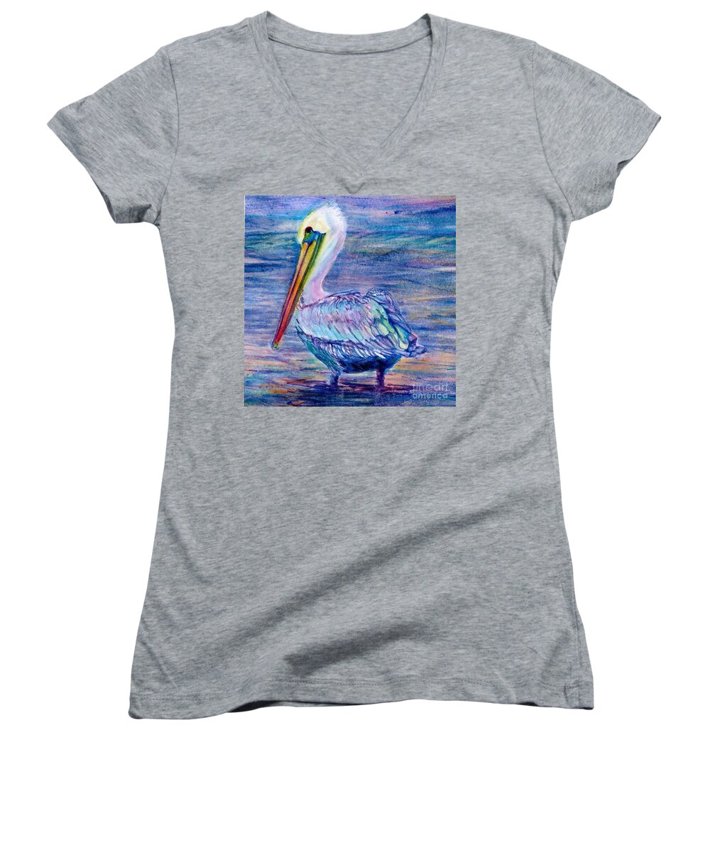 Cynthia Pride Watercolor Paintings Women's V-Neck featuring the painting Pelican Gaze by Cynthia Pride
