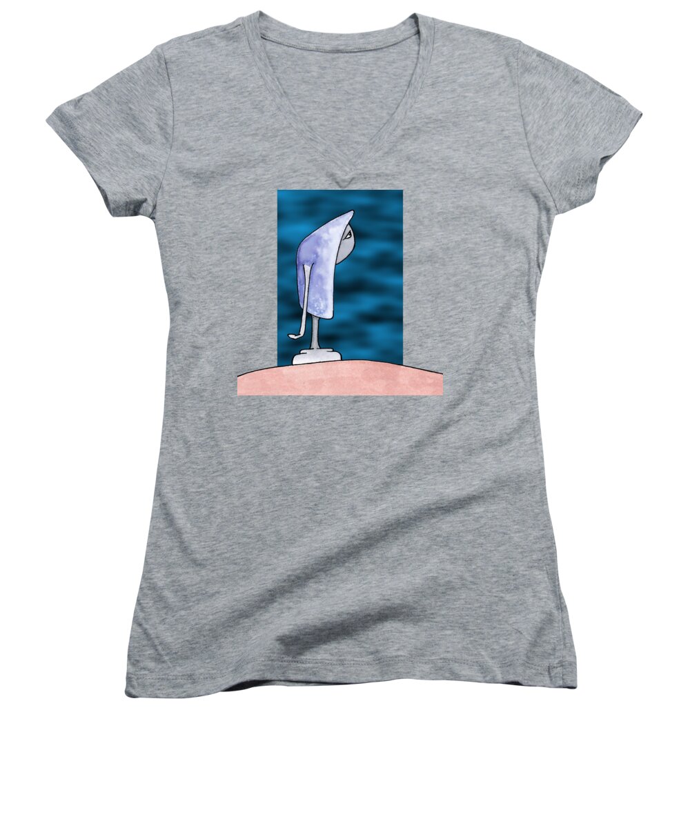 Art Women's V-Neck featuring the digital art Pensive by Uncle J's Monsters