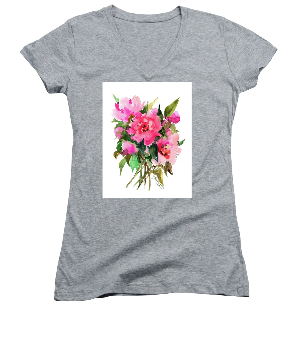 Peony Women's V-Neck featuring the painting Peonies by Suren Nersisyan