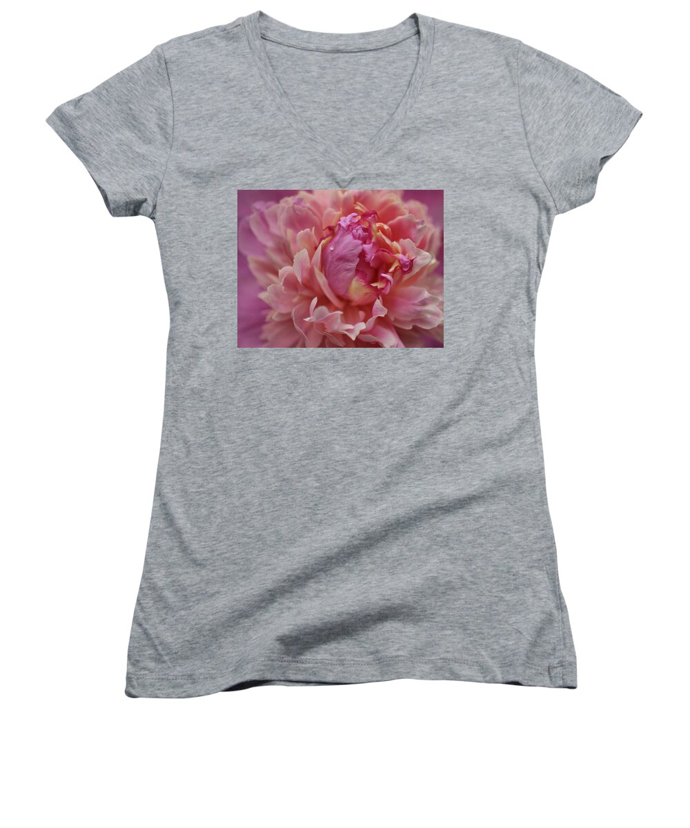 Pink Peony Women's V-Neck featuring the photograph Peony Opening by Sandy Keeton
