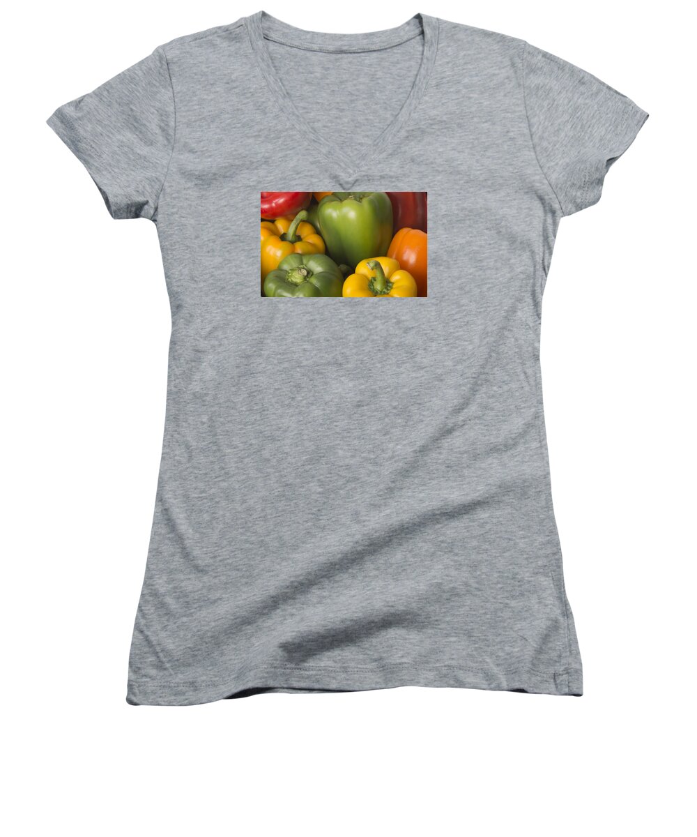 Peppers Women's V-Neck featuring the photograph Peppered Delight by Laura Pratt