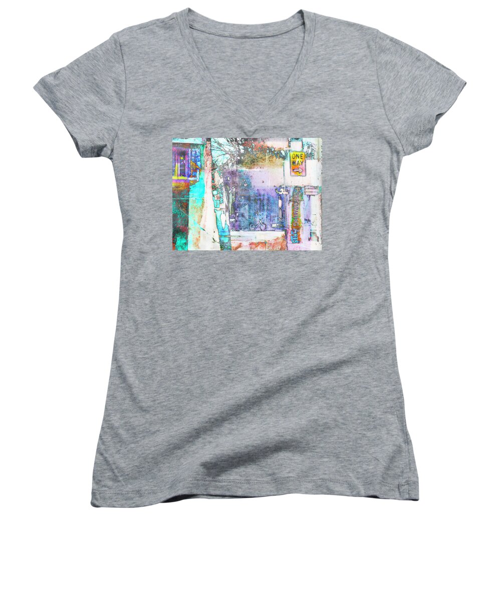 One Way Sign Women's V-Neck featuring the photograph Performance Arts by Susan Stone