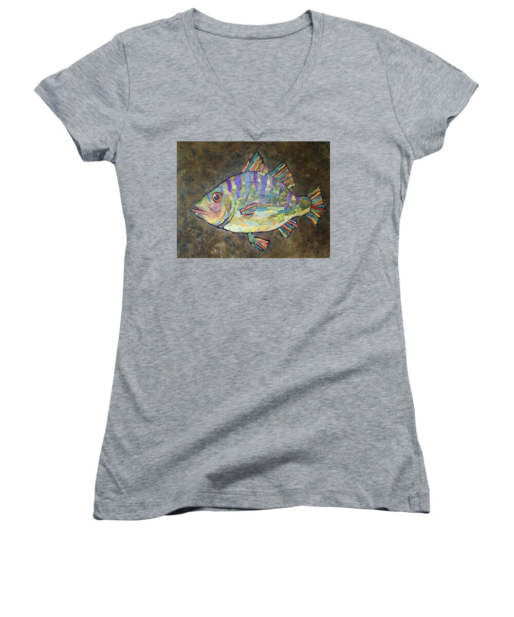 Fish Women's V-Neck featuring the painting Peter the Perch by Phiddy Webb