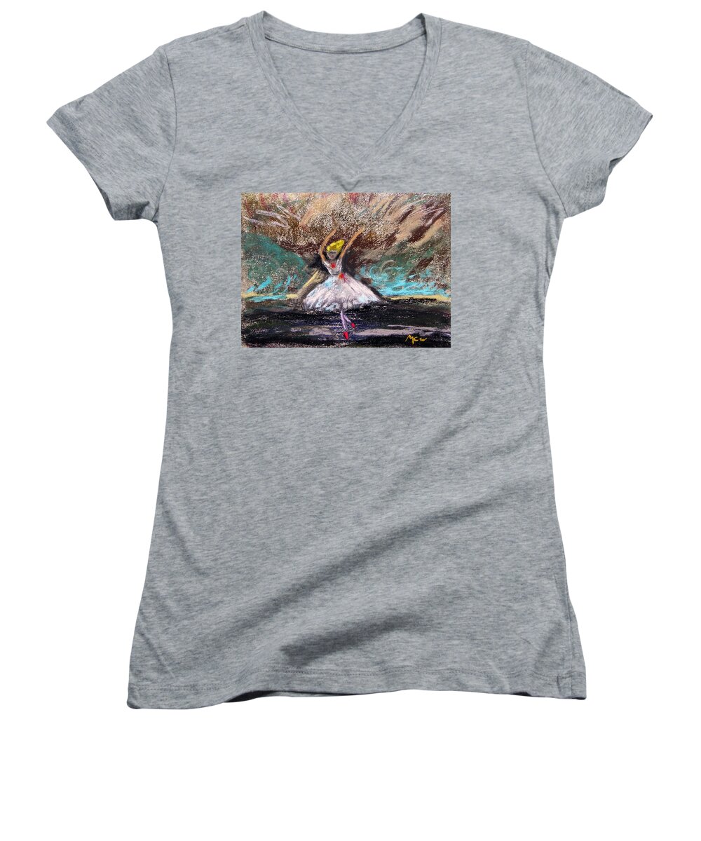 Little Ballerina Women's V-Neck featuring the painting Petite Ballerina by Mary Carol Williams
