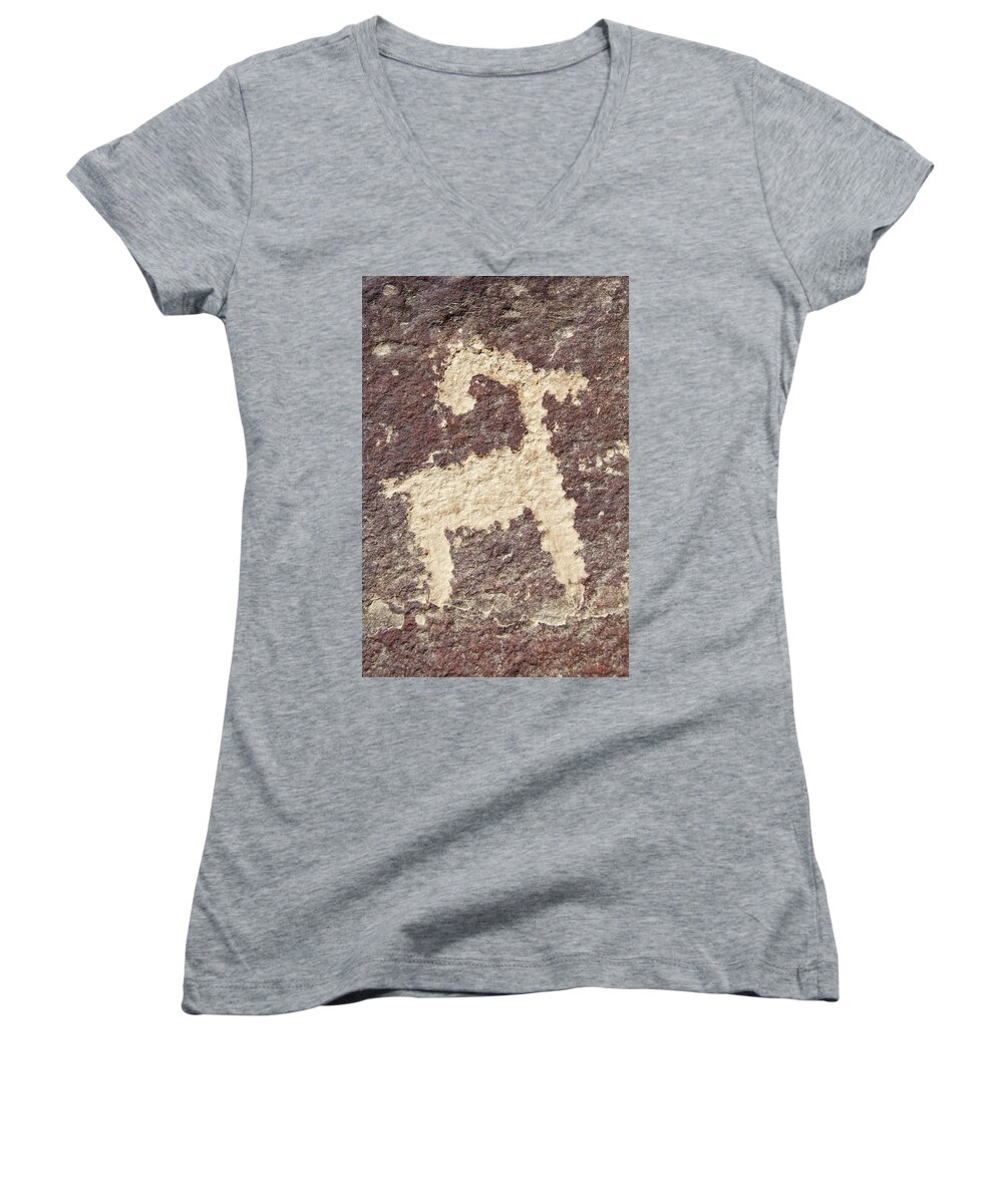 Fremont Indian Women's V-Neck featuring the photograph Petroglyph - Fremont Indian by Breck Bartholomew