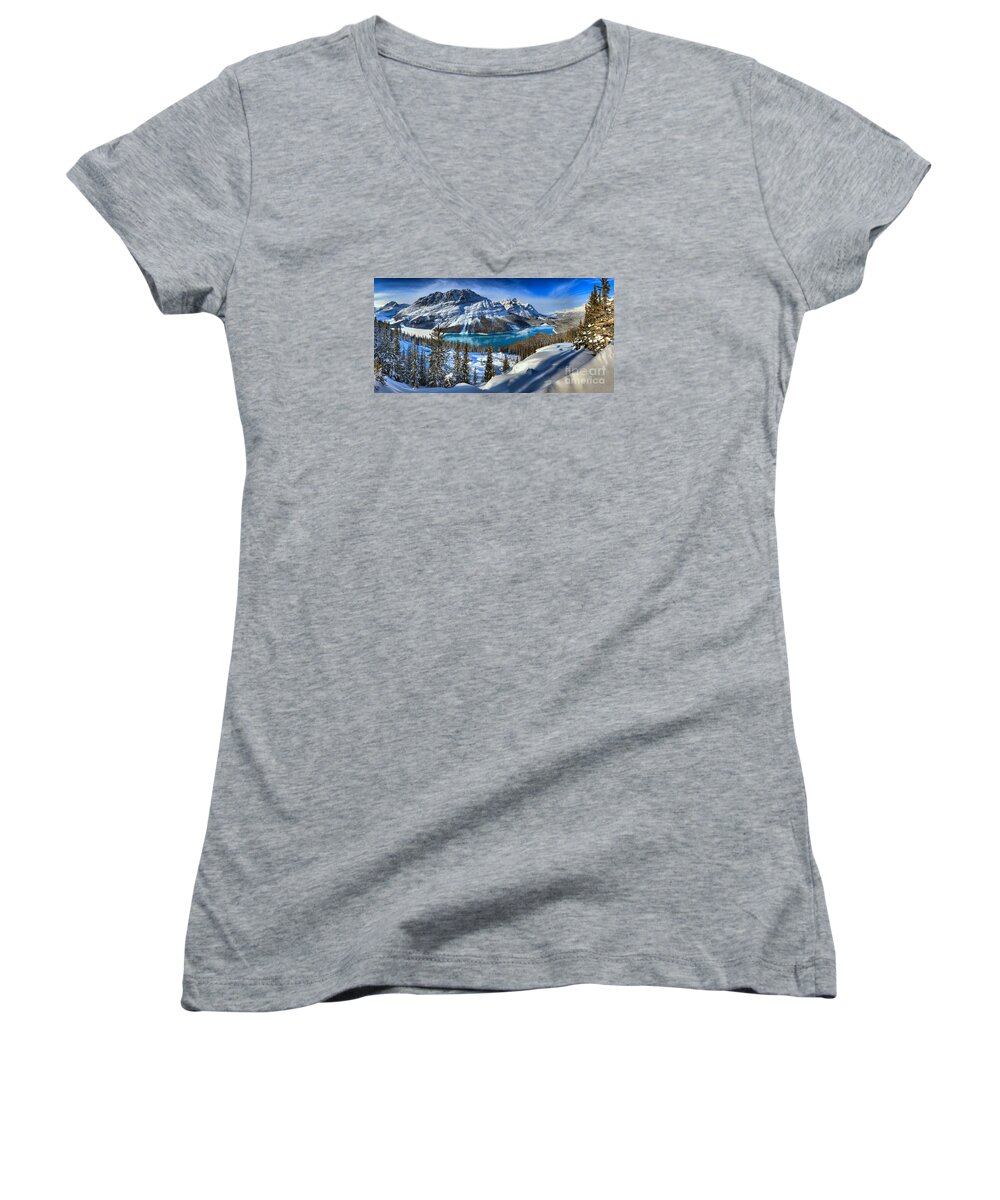 Peyto Women's V-Neck featuring the photograph Peyto Lake Winter Panorama by Adam Jewell