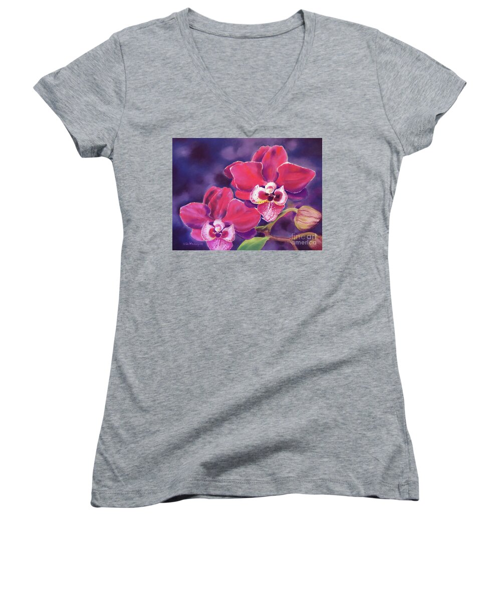 Phalaenopsis Orchid Women's V-Neck featuring the painting Phalaenopsis Orchid by Hilda Vandergriff