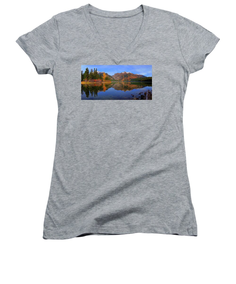 Phelps Lake Women's V-Neck featuring the photograph Phelps Lake Panoramic Reflections by Greg Norrell