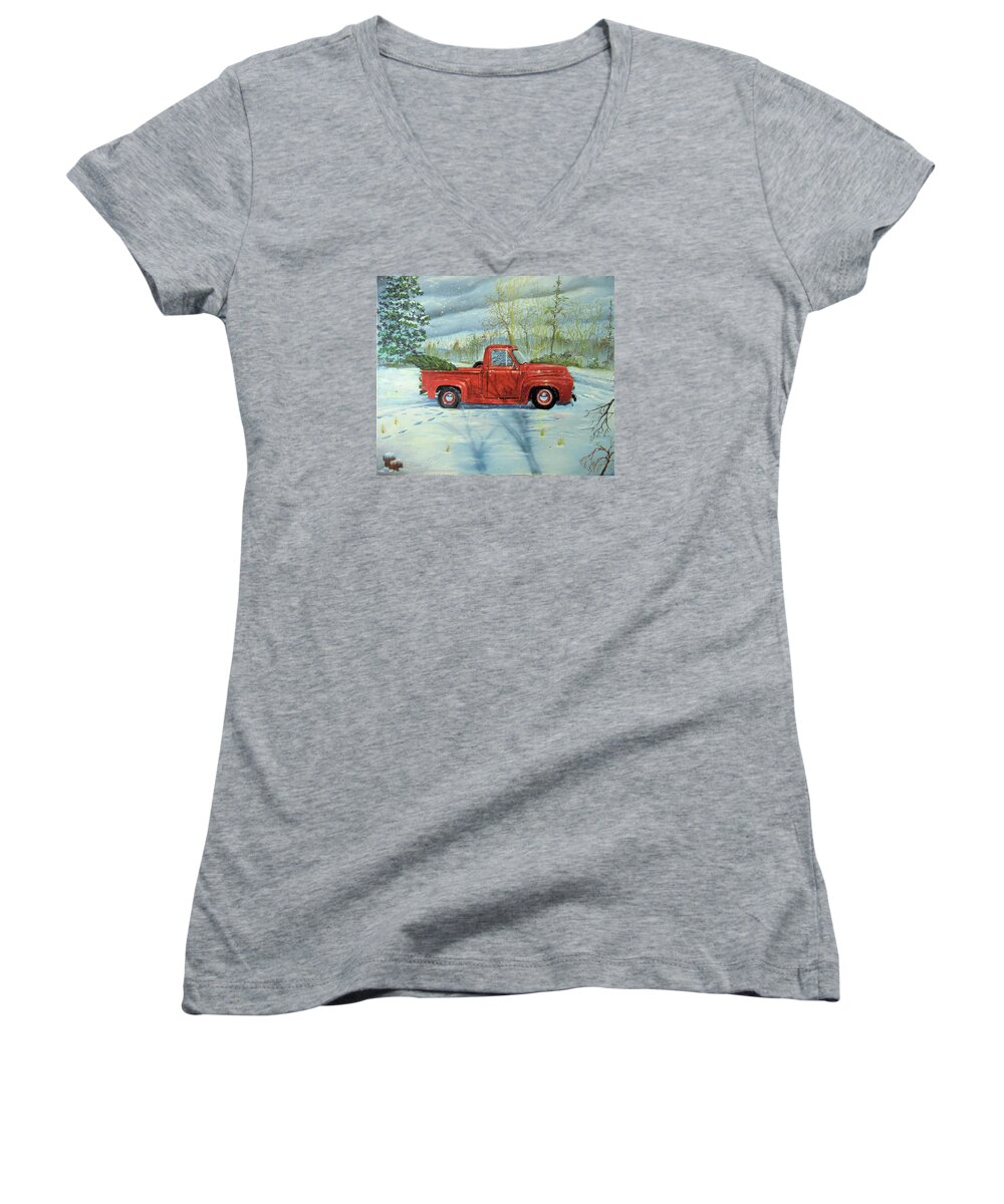Truck Women's V-Neck featuring the painting Picking Up the Christmas Tree by Nicole Angell