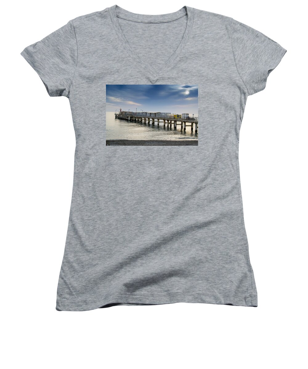 Ocean Pier Women's V-Neck featuring the photograph Pier at Sunset by John Williams