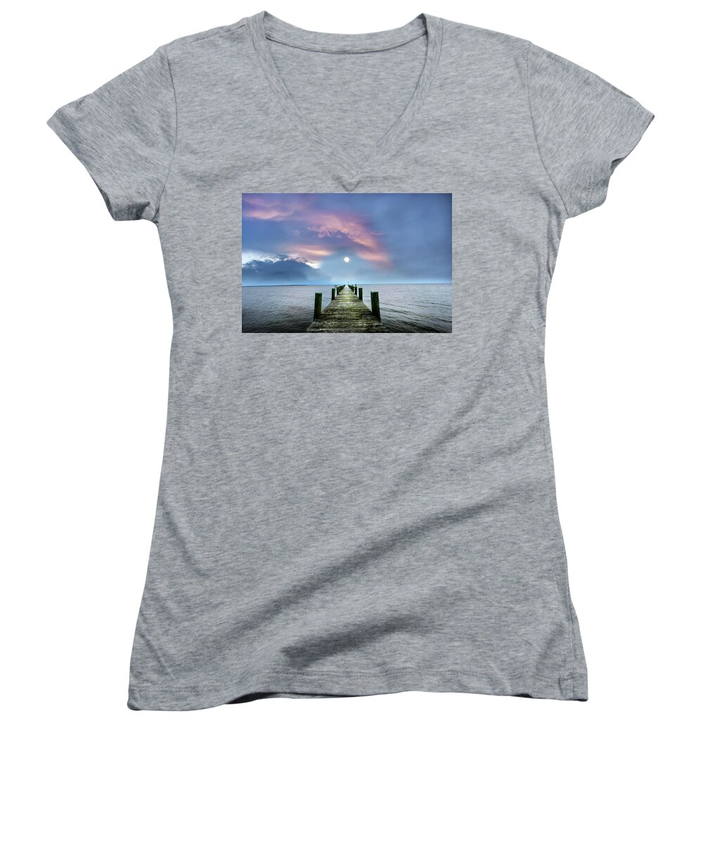 Pier Women's V-Neck featuring the photograph Pier to the Moon by Patrick Wolf