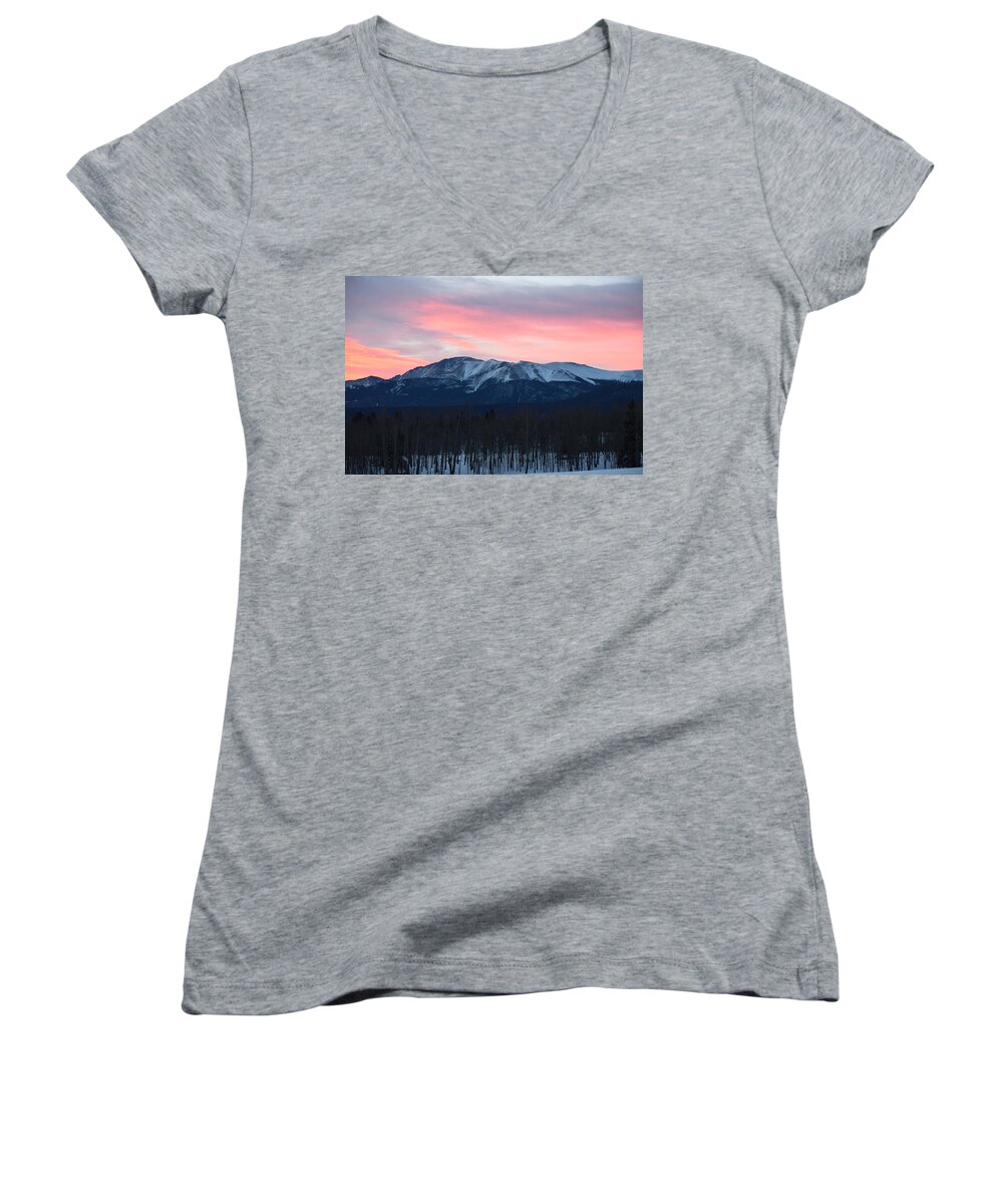 Berg Women's V-Neck featuring the photograph Sunrise Pikes Peak CO by Margarethe Binkley
