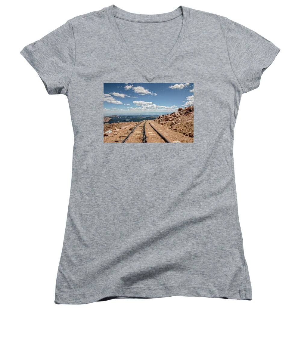 Architecture Women's V-Neck featuring the photograph Pikes Peak Cog Railway Track at 14,110 Feet by Peter Ciro
