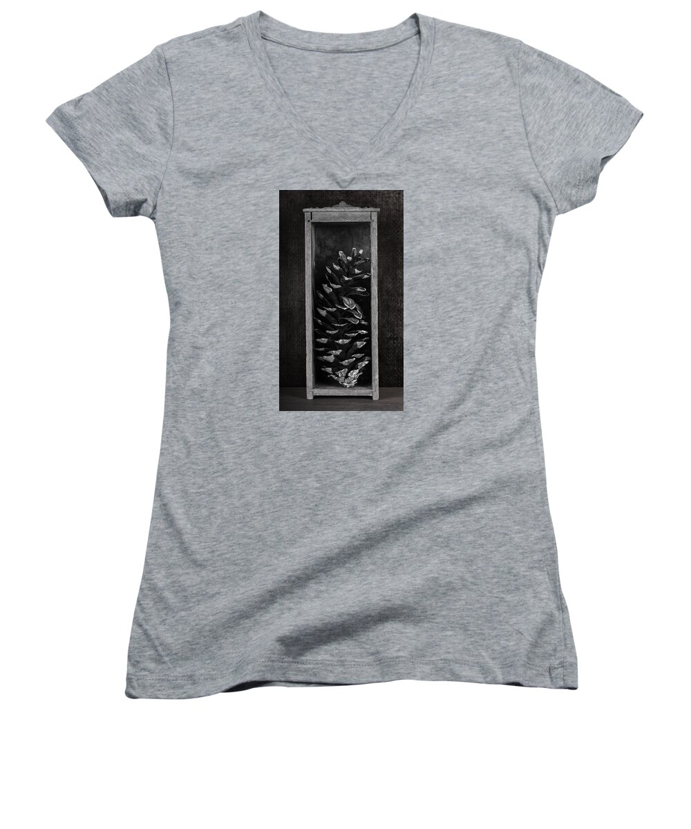 Pine Cone Women's V-Neck featuring the photograph Pine Cone in a Box Still Life by Tom Mc Nemar