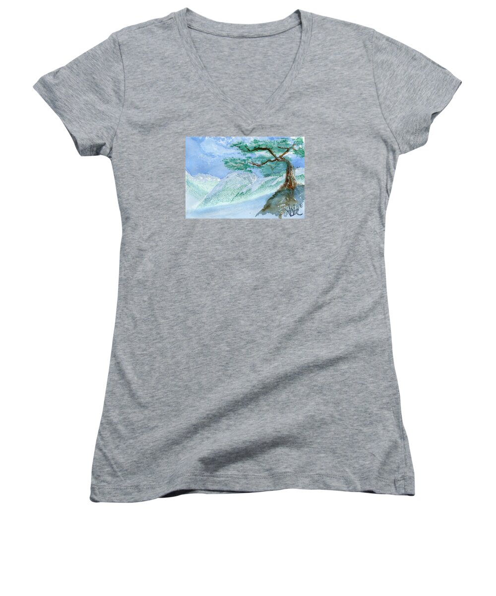 Pine Women's V-Neck featuring the painting Pine Holding Skies by Victor Vosen