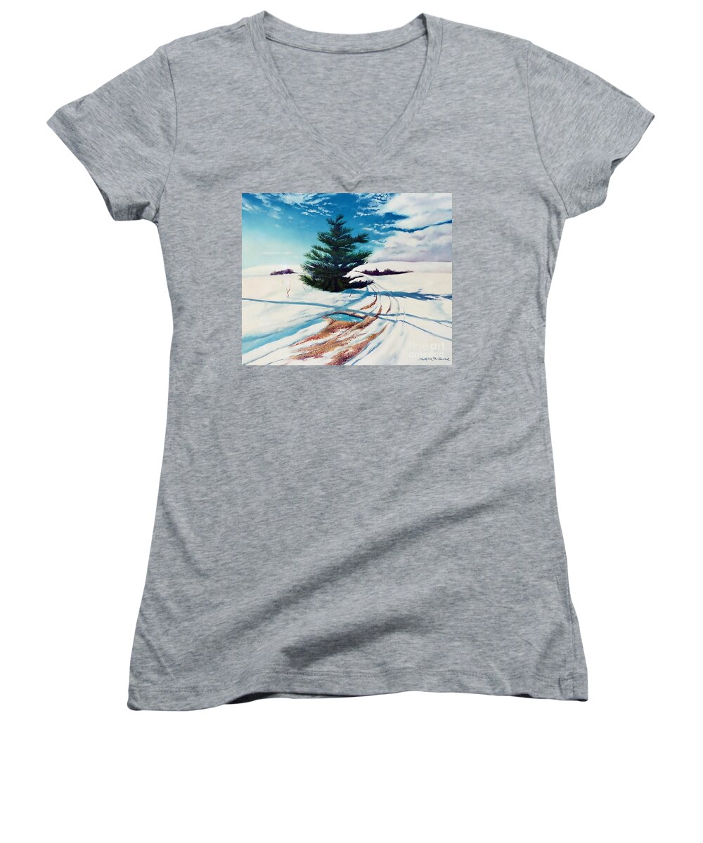 Pine Tree Women's V-Neck featuring the painting Pine Tree Along The Country Road by Christopher Shellhammer