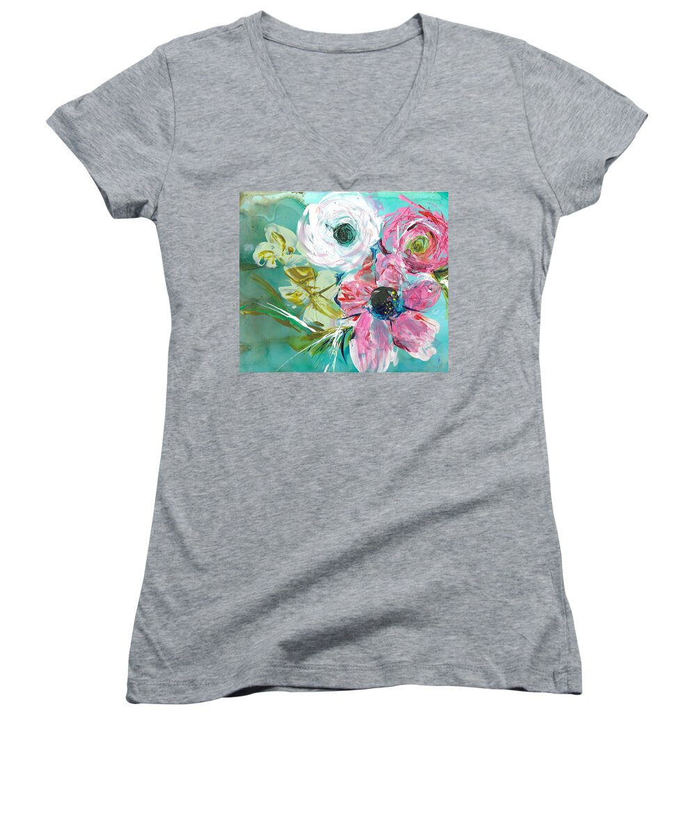 Abstract Floral Women's V-Neck featuring the painting Pink Affair by Bonny Butler