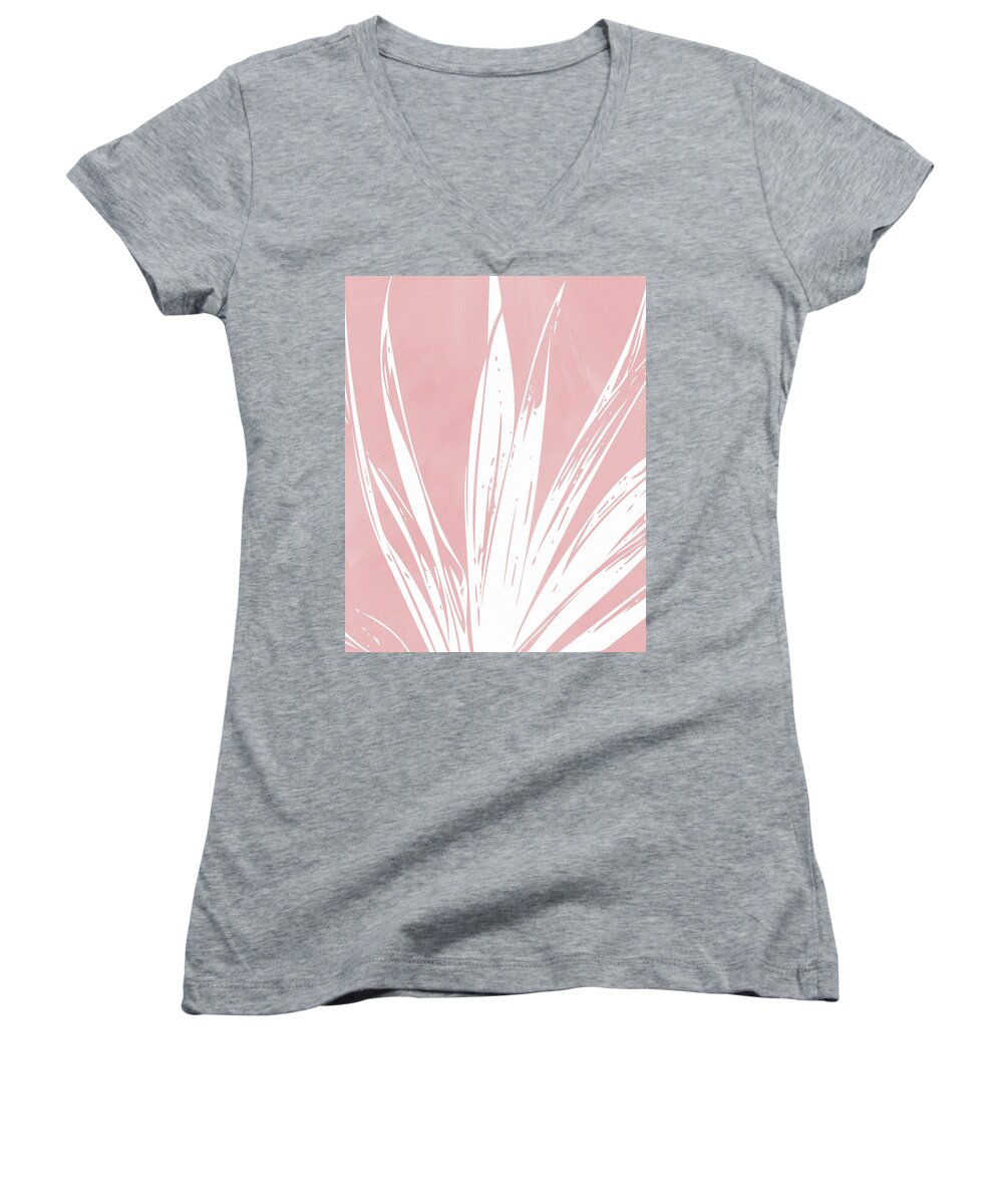 Leaf Women's V-Neck featuring the mixed media Pink and White Tropical Leaf- Art by Linda Woods by Linda Woods