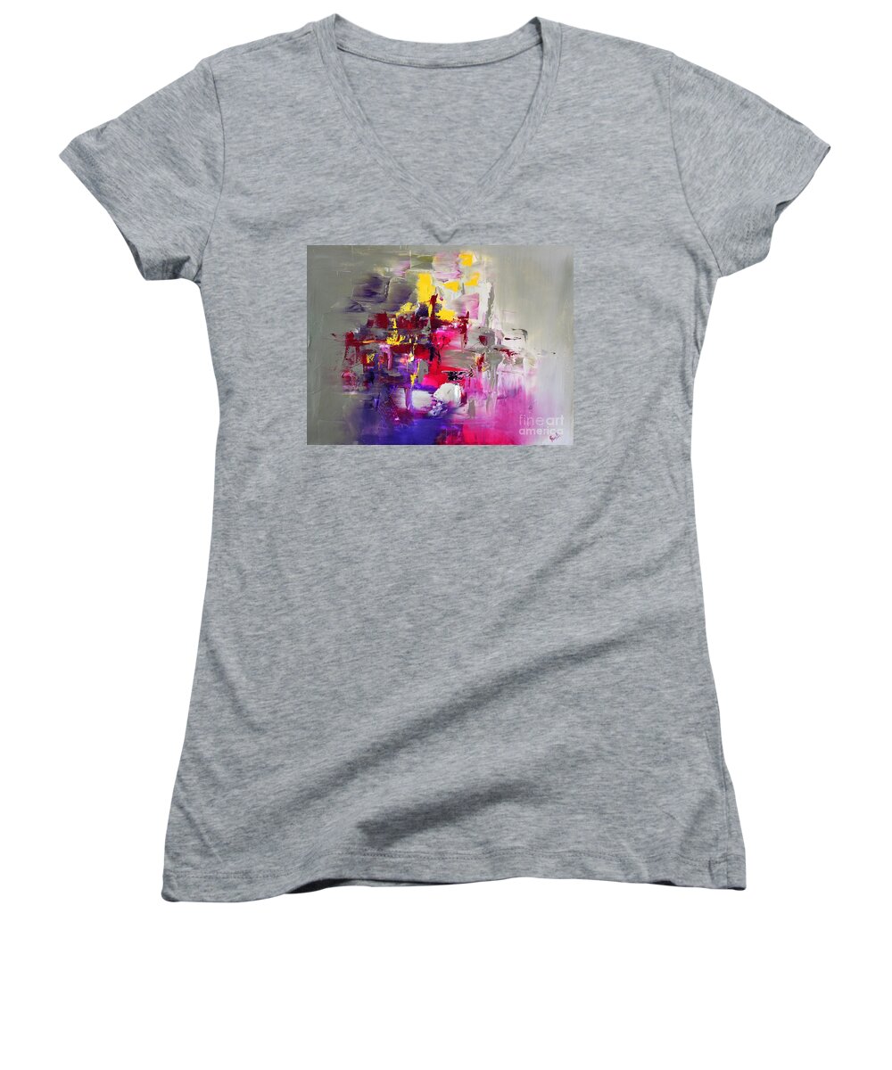 Pink Women's V-Neck featuring the painting Pink Diamond by Preethi Mathialagan