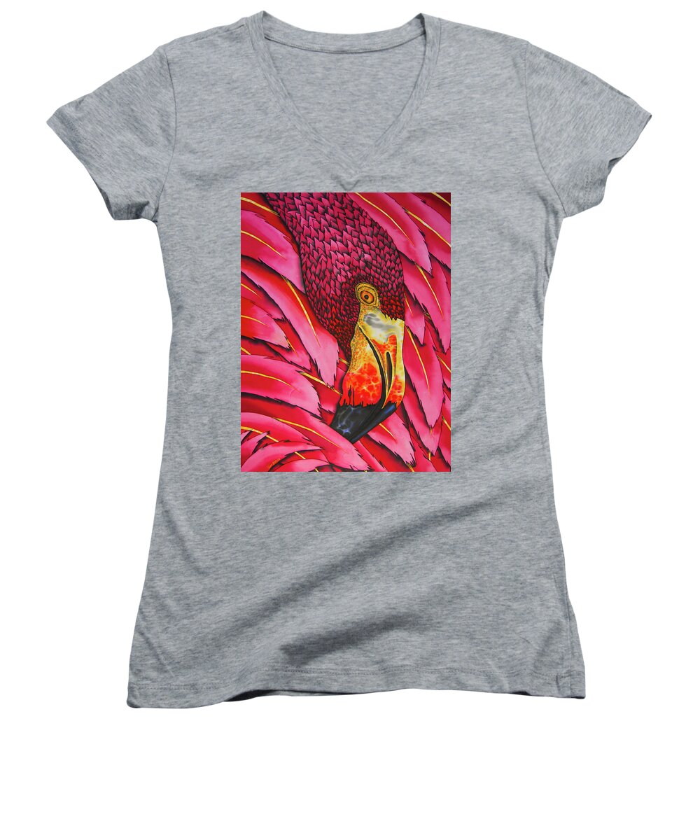 Pink Flamingo Women's V-Neck featuring the painting Pink Flamingo by Daniel Jean-Baptiste
