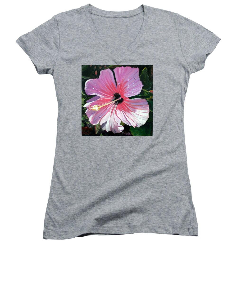 Pink Women's V-Neck featuring the painting Pink Hibiscus with Raindrops by Marionette Taboniar